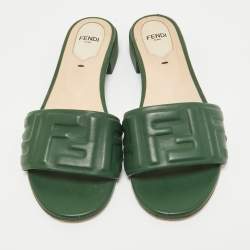 Fendi Green Leather Flat Slides Size 36.5