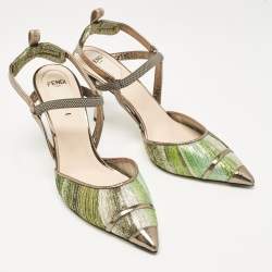 Pre Owned Fendi Multicolor Fabric and Leather Slingback Pumps Size 37.5