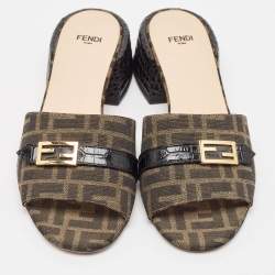 Fendi Green Canvas and Croc Embossed Leather Slide Sandals Size 39