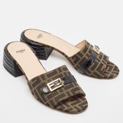 Fendi Green Canvas and Croc Embossed Leather Slide Sandals Size 39