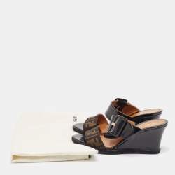 Fendi Brown/Black Zucca Canvas and Patent Leather Wedge Sandals Size 39