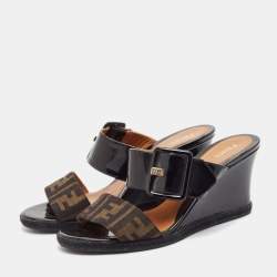 Fendi Brown/Black Zucca Canvas and Patent Leather Wedge Sandals Size 39