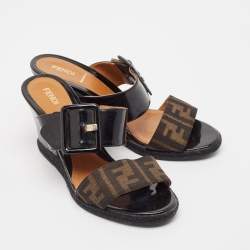 Fendi Brown/Black Zucca Canvas and Patent Leather Wedge Sandals Size 39