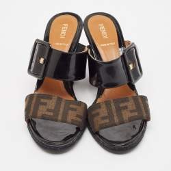 Fendi Brown/Black Zucca Canvas and Patent Leather Wedge Sandals Size 39