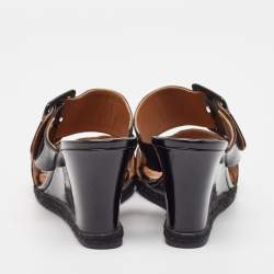 Fendi Brown/Black Zucca Canvas and Patent Leather Wedge Sandals Size 39