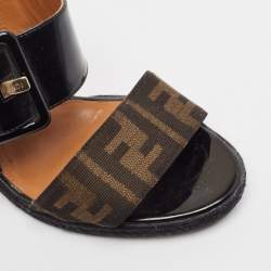 Fendi Brown/Black Zucca Canvas and Patent Leather Wedge Sandals Size 39