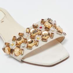 Fendi Cream Leather Crystal Embellished Flat Slides Size 39