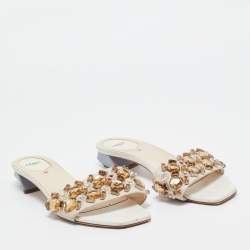 Fendi Cream Leather Crystal Embellished Flat Slides Size 39