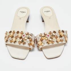 Fendi Cream Leather Crystal Embellished Flat Slides Size 39