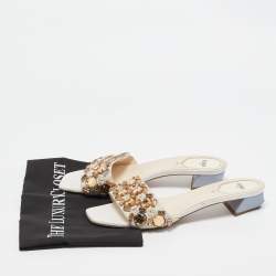 Fendi Cream Leather Crystal Embellished Flat Slides Size 39