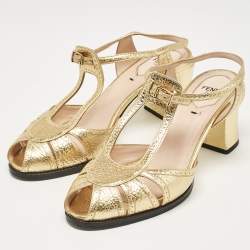 Fendi Gold Leather Block Heel Ankle Strap Sandals Size 39