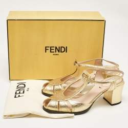 Fendi Gold Leather Block Heel Ankle Strap Sandals Size 39