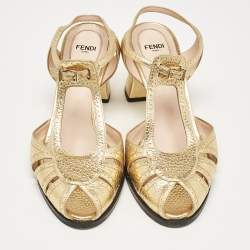 Fendi Gold Leather Block Heel Ankle Strap Sandals Size 39