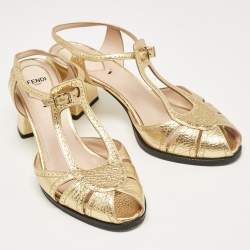 Fendi Gold Leather Block Heel Ankle Strap Sandals Size 39