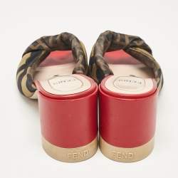 Pre Owned Fendi Black/Olive Green Logo Print Knotted Satin Slide Sandals Size 37.5