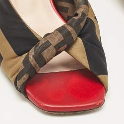 Pre Owned Fendi Black/Olive Green Logo Print Knotted Satin Slide Sandals Size 37.5