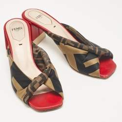Pre Owned Fendi Black/Olive Green Logo Print Knotted Satin Slide Sandals Size 37.5
