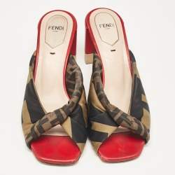 Pre Owned Fendi Black/Olive Green Logo Print Knotted Satin Slide Sandals Size 37.5