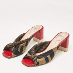 Pre Owned Fendi Black/Olive Green Logo Print Knotted Satin Slide Sandals Size 37.5