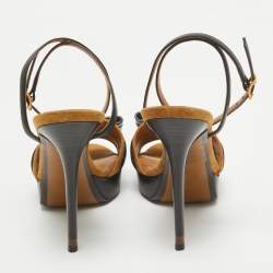 Pre Owned Fendi Black/Brown Leather and Suede Bow Platform Ankle Strap Sandals Size 37