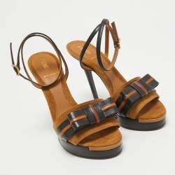 Pre Owned Fendi Black/Brown Leather and Suede Bow Platform Ankle Strap Sandals Size 37
