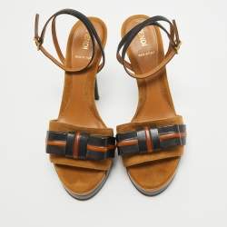 Pre Owned Fendi Black/Brown Leather and Suede Bow Platform Ankle Strap Sandals Size 37