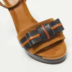 Pre Owned Fendi Black/Brown Leather and Suede Bow Platform Ankle Strap Sandals Size 37