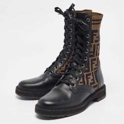 Pre Owned Fendi Black Canvas and Leather Rockoko Ankle Length Boots Size 36
