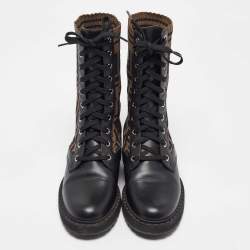 Pre Owned Fendi Black Canvas and Leather Rockoko Ankle Length Boots Size 36