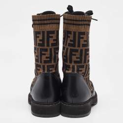 Pre Owned Fendi Black Canvas and Leather Rockoko Ankle Length Boots Size 36