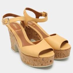 Fendi Beige Leather Cork Wedge Ankle Strap Sandals Size 36