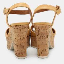 Fendi Beige Leather Cork Wedge Ankle Strap Sandals Size 36