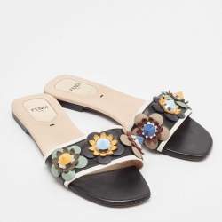 Pre Owned Fendi Black/Cream Leather Flowerland Flat Sandals Size 38