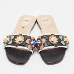 Pre Owned Fendi Black/Cream Leather Flowerland Flat Sandals Size 38