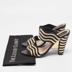 Fendi Black/Gold Leather Wave Striped Slide Sandals Size 39