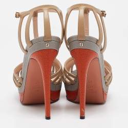 Fendi Multicolor Lizard Embossed and Leather T-Strap Platform Sandals Size 40