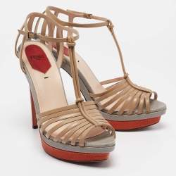 Fendi Multicolor Lizard Embossed and Leather T-Strap Platform Sandals Size 40