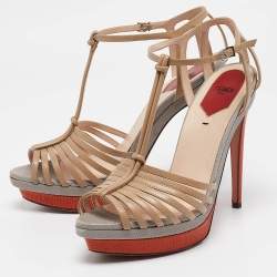 Fendi Multicolor Lizard Embossed and Leather T-Strap Platform Sandals Size 40