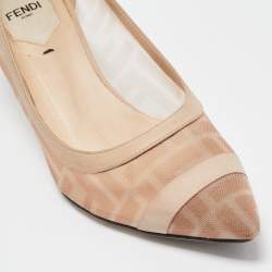Pre Owned Fendi Pink/Beige Zucca Mesh and Leather Colibri Pumps Size 38