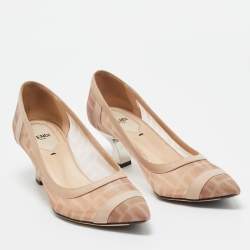 Pre Owned Fendi Pink/Beige Zucca Mesh and Leather Colibri Pumps Size 38