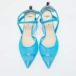 Pre Owned Fendi Blue Tulle and Satin Colibri Lite Slingback Pumps Size 39