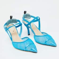 Pre Owned Fendi Blue Tulle and Satin Colibri Lite Slingback Pumps Size 39
