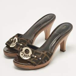 Pre Owned Fendi Brown Canvas and Patent Leather Slide Sandals Size 37.5