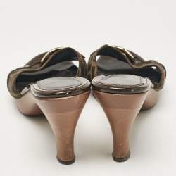 Pre Owned Fendi Brown Canvas and Patent Leather Slide Sandals Size 37.5