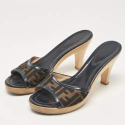 Pre Owned Fendi Brown Canvas and Patent Leather Zucca Slide Sandals Size 39