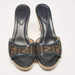 Pre Owned Fendi Brown Canvas and Patent Leather Zucca Slide Sandals Size 39