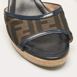 Pre Owned Fendi Brown Canvas and Patent Leather Zucca Slide Sandals Size 39