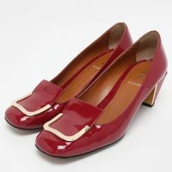 Fendi Burgundy Patent Leather Embellished Block Heel Pumps Size 38