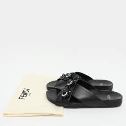 Fendi Black Leather Flowerland Criss Cross Flat Slides Size 38