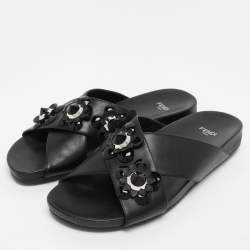 Fendi Black Leather Flowerland Criss Cross Flat Slides Size 38
